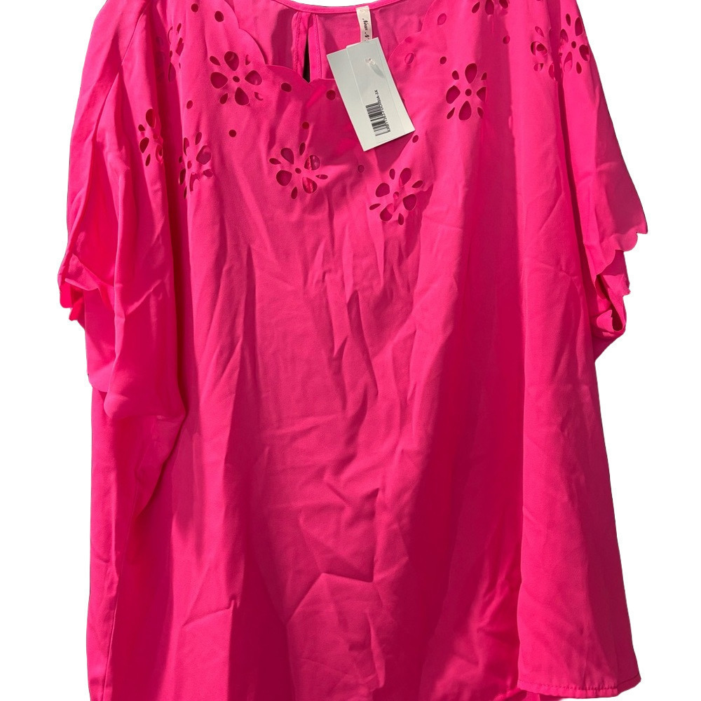 NWT Pink Flutter Sleeve Flower Cut Outs Boxy Blouse